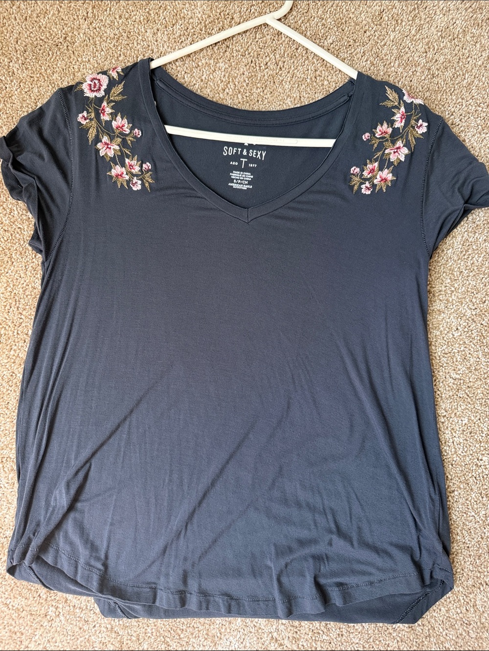 American Eagle Outfitters Navy V-Neck Tee with Pink Floral Shoulder Embroidery